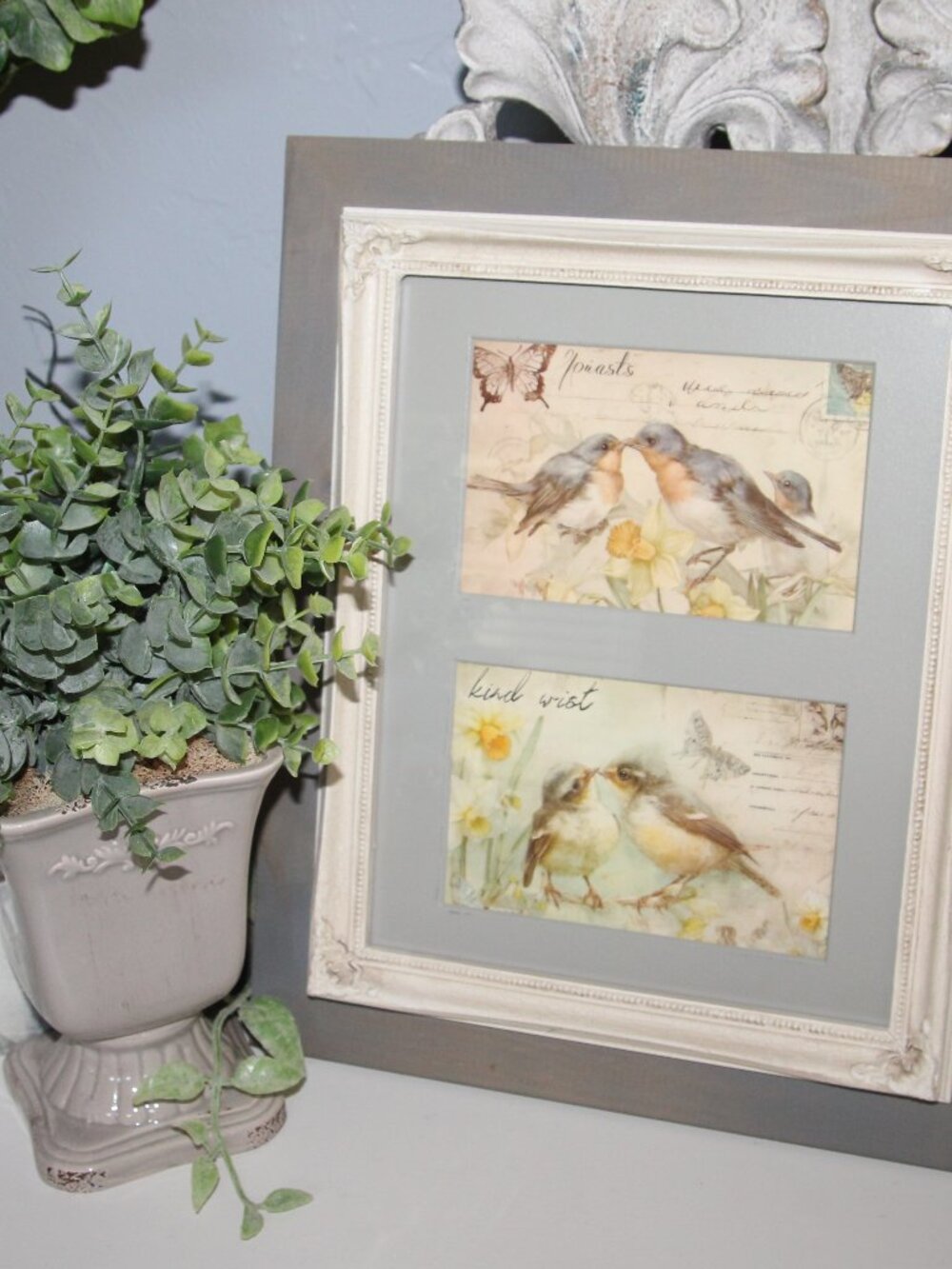 NEW Shabby French Country Birds Picture & Eucalyptus Urn Arrangement